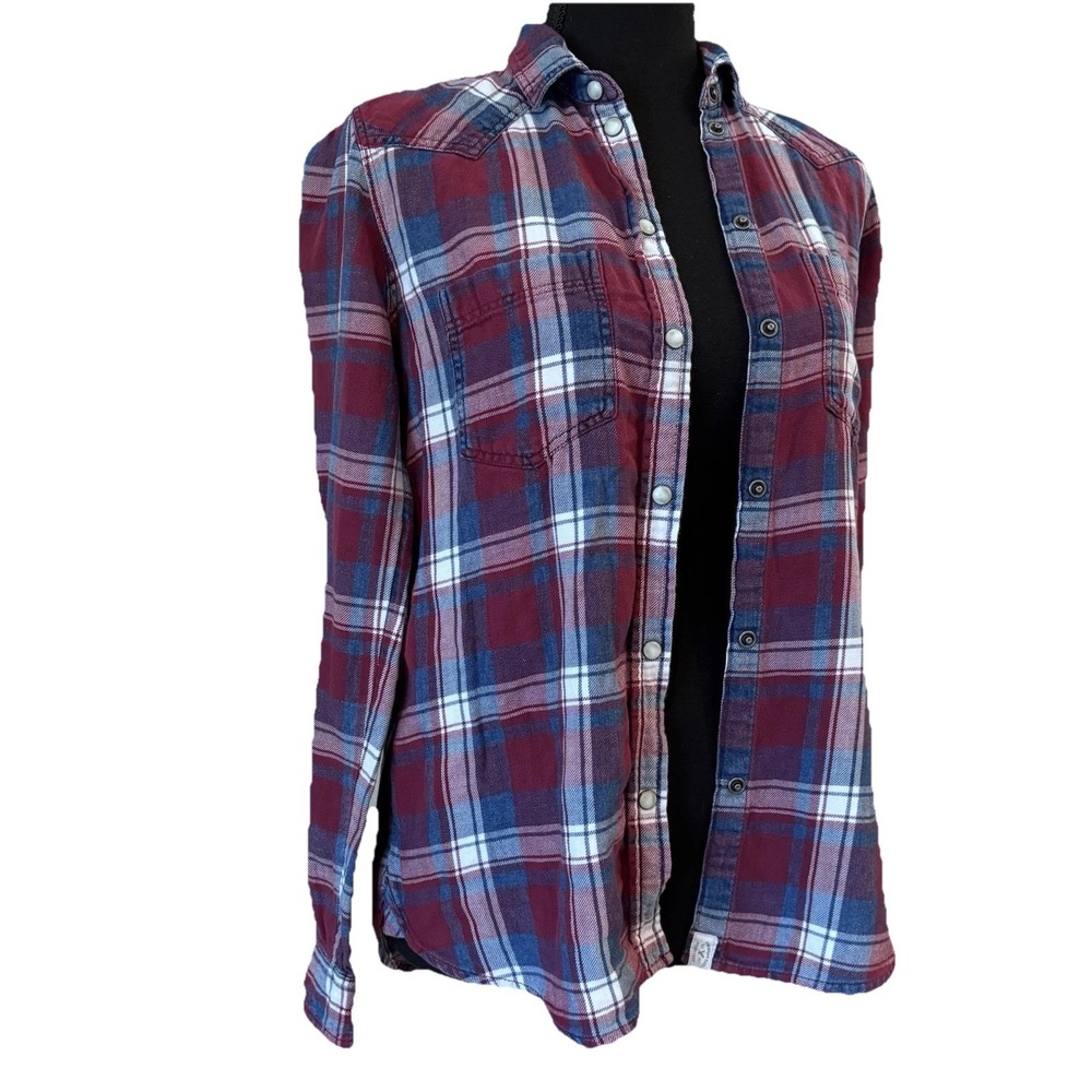 American Eagle Red Blue White Plaid Button (Snaps) Up Long Sleeve Shirt, Size XS